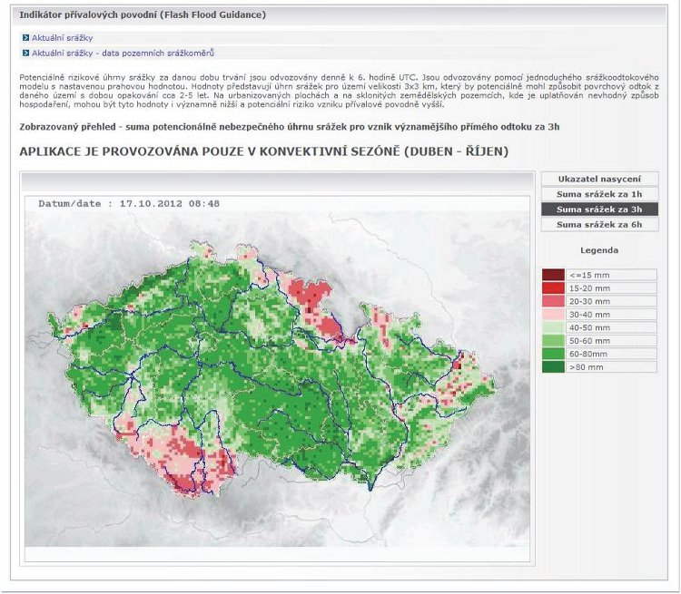 Obrázek – ukázka výstupu aplikace indikátor přívalových povodní. Lze volit mapu s ukazatelem nasycení povodí nebo mapu s úhrnem srážek za 1, 3 nebo 6 hodin, které by potenciálně způsobily povodňový odtok.
