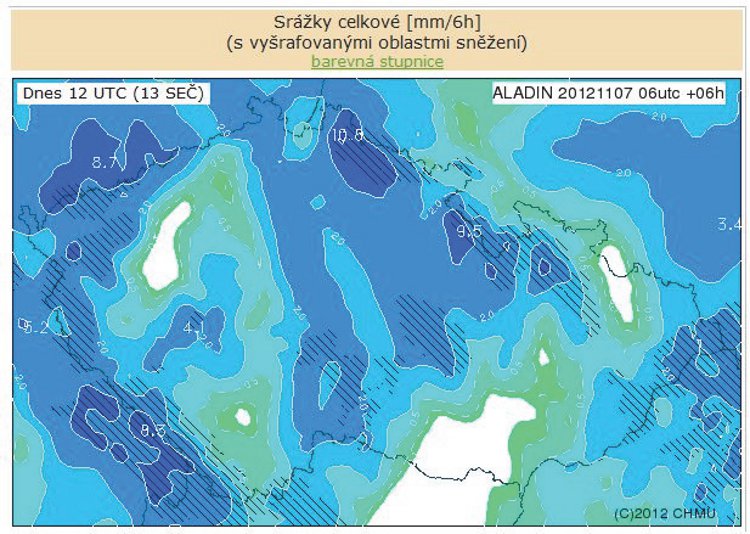 Obrázek – Ukázka mapy kvantifikované předpovědi srážek podle modelu ALADIN