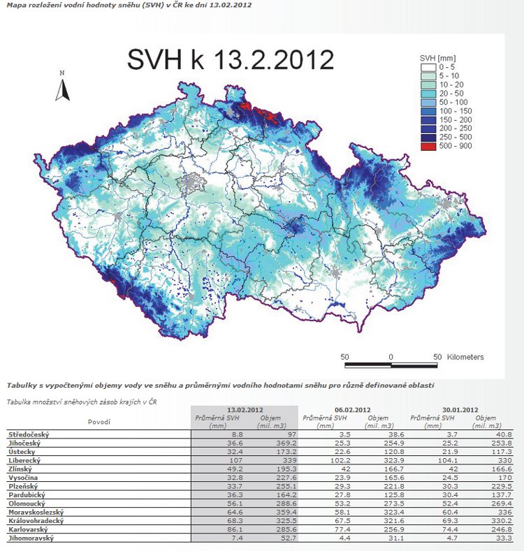 Obrázek – Ukázka grafického a tabelárního vyhodnoceného rozložení množství vody ve sněhové pokrývce