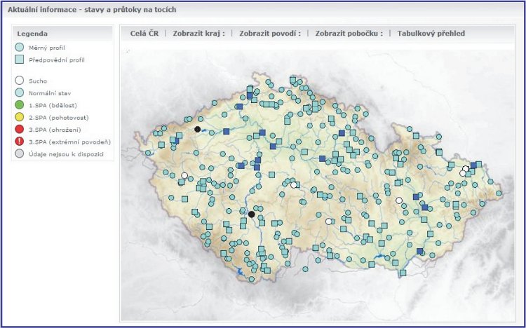 Obrázek - Mapa profilů hlásné a předpovědní služby ČHMÚ, čtverečkem jsou označeny profily, pro které je počítána modelová hydrologická předpověď, tmavě modrou a černou barvou jsou označeny profily, pro které je počítána i manuální hydrologická předpověď.