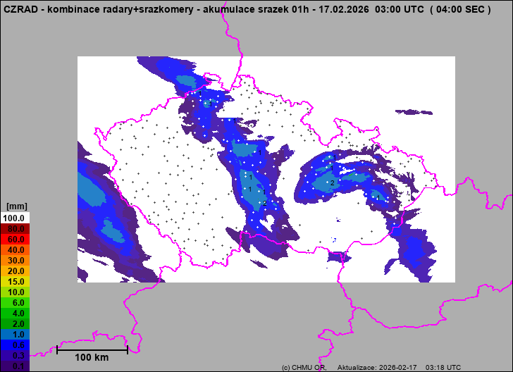 Srážky na území ČR - Kombinace radarového odhadu a pozemních srážkoměrů